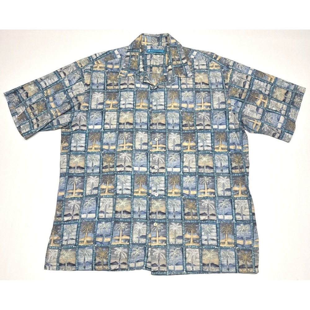 Tori Richard Men's Hawaiian Button Up Large Vintage Cotton Lawn Blue Palm Trees